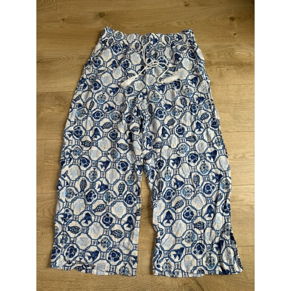 Isaac Mizrahi Crop Pants Linen blend Wide Leg Beach coastal Fish Blue White sz L